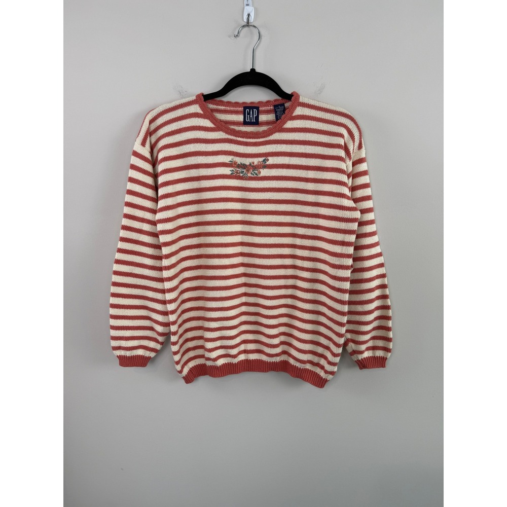 Vintage GAP Sweater Peach Cream S Striped Floral Embroidered 100% Cotton Knit